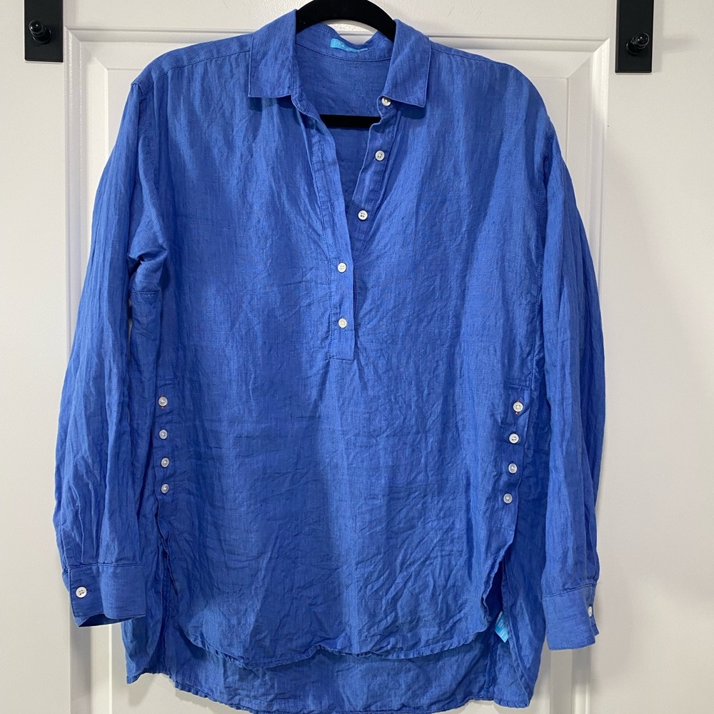 J. McLaughlin Blue Blouse with Mandarin Collar